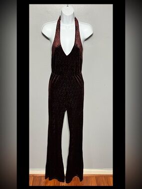 Motel Coin Maroon Baby Jumpsuit Velvet Halter Neck Open Back Flare Leg Small